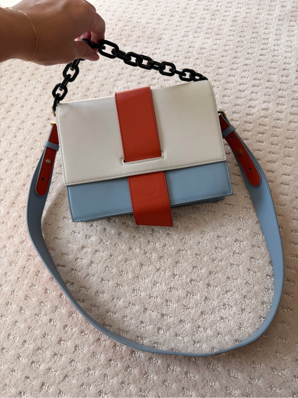 Anderson Bell Colorblock Leather Shoulder Bag in White, Light Blue & Orange